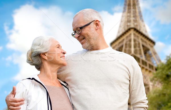 Foto stock: Feliz · casal · de · idosos · Paris · Torre · Eiffel · família · idade