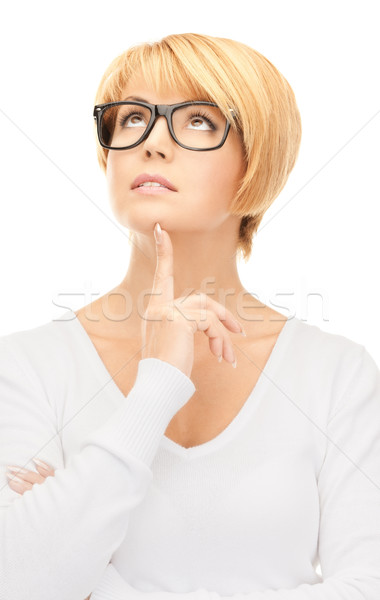 Foto stock: Pensativo · mujer · de · negocios · blanco · brillante · Foto · mujer