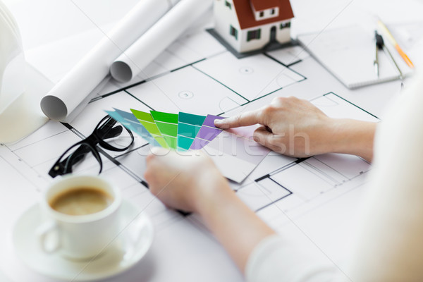 close up of hands with color palette and blueprint Stock photo © dolgachov