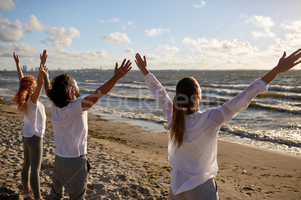 Foto stock: Grupo · de · personas · yoga · meditando · playa · fitness