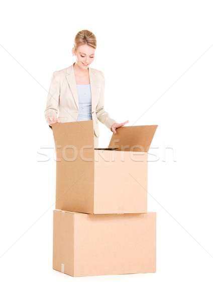Foto d'archivio: Imprenditrice · scatole · foto · bianco · business · donna