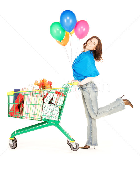 Vakantie klant gelukkig vrouw winkelwagen ballonnen Stockfoto © dolgachov
