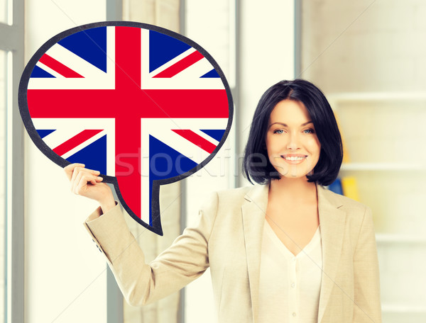 улыбающаяся женщина текста пузыря британский флаг образование язык Сток-фото © dolgachov