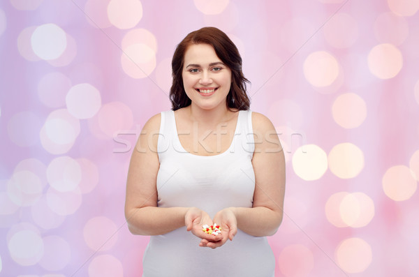 Boldog plus size nő alsónemű tabletták fogyókúra Stock fotó © dolgachov