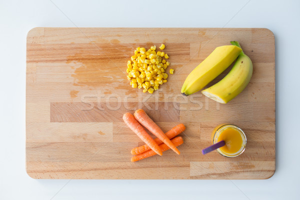 Foto stock: Alimentos · para · bebês · frutas · legumes · alimentação · saudável · nutrição · vidro