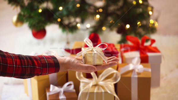 close up of hand holding small christmas gift box Stock photo © dolgachov