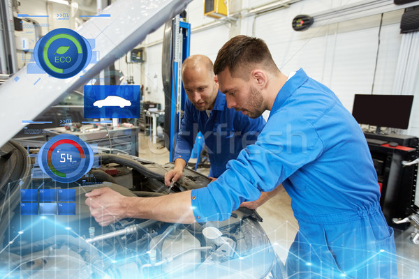 mechanic men with wrench repairing car at workshop Stock photo © dolgachov