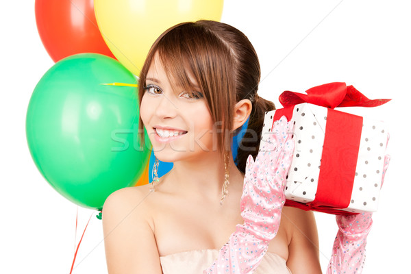 Parti kız balonlar hediye kutusu mutlu Stok fotoğraf © dolgachov