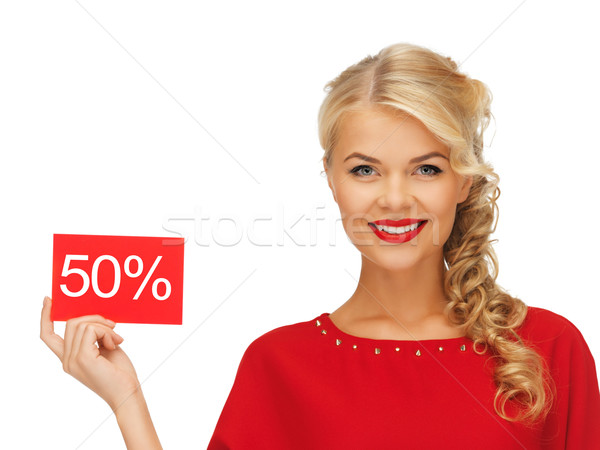 Kobieta czerwona sukienka zniżka karty zdjęcie moda Zdjęcia stock © dolgachov