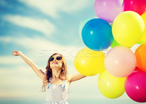Stockfoto: Gelukkig · meisje · kleurrijk · ballonnen · zomer · vakantie · viering