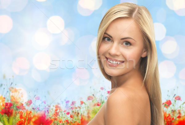 Arc gyönyörű fiatal boldog nő hosszú haj Stock fotó © dolgachov