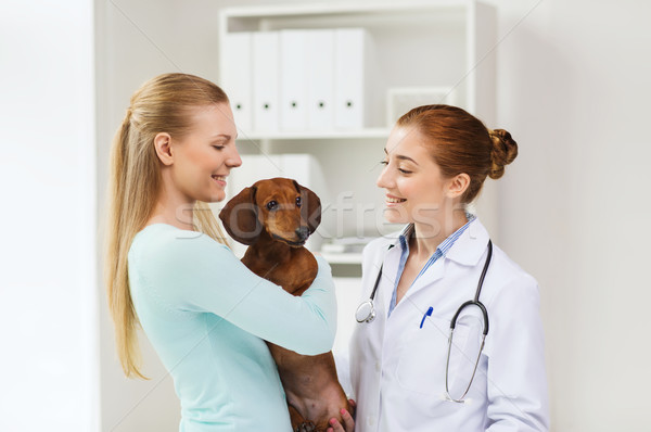 happy woman with dog and doctor at vet clinic Stock photo © dolgachov