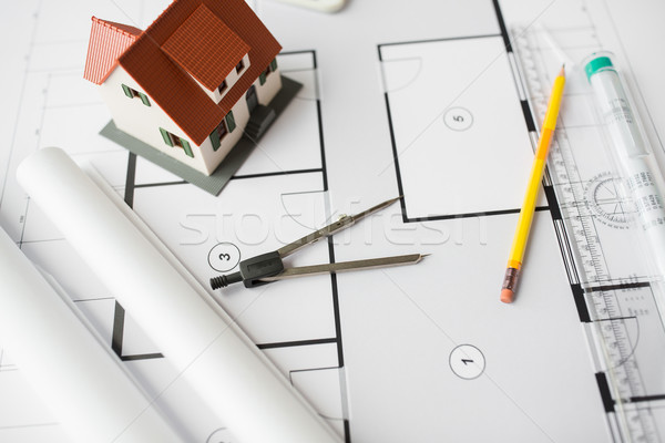close up of architectural blueprint and tools Stock photo © dolgachov