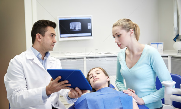 dentist showing tablet pc to girl and her mother Stock photo © dolgachov
