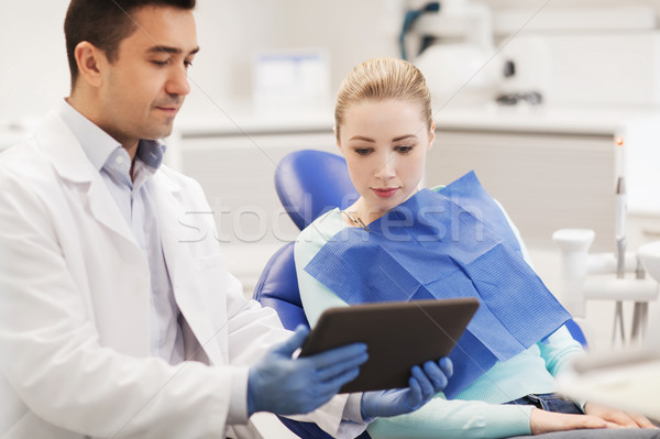 male dentist with tablet pc and woman patient Stock photo © dolgachov