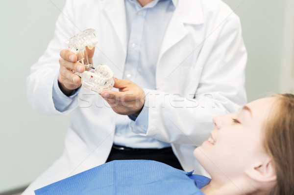 close up of dentist showing teeth maquette to girl Stock photo © dolgachov