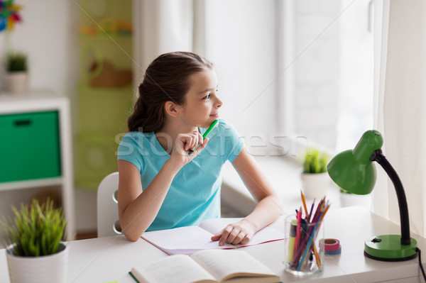 Stockfoto: Gelukkig · meisje · boek · schrijven · notebook · home · mensen