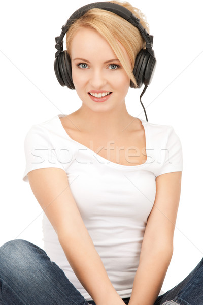 Foto stock: Feliz · grande · auriculares · Foto · mujer