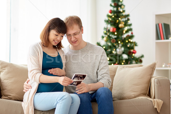 Foto stock: Feliz · casal · ultra-som · natal · gravidez