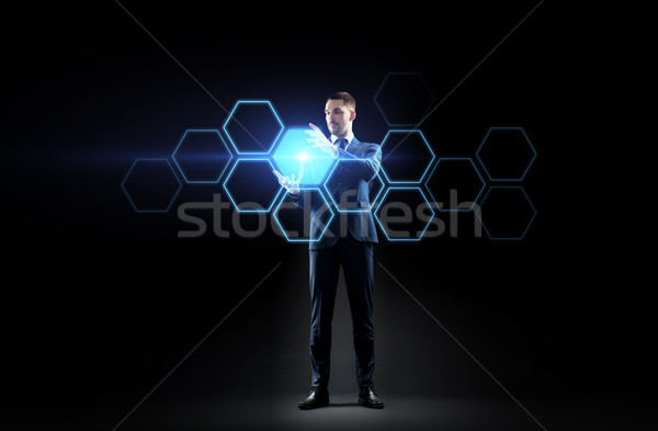 Stock fotó: üzletember · dolgozik · virtuális · hálózat · hologram · üzletemberek