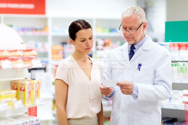 apothecary and woman with prescription at pharmacy Stock photo © dolgachov