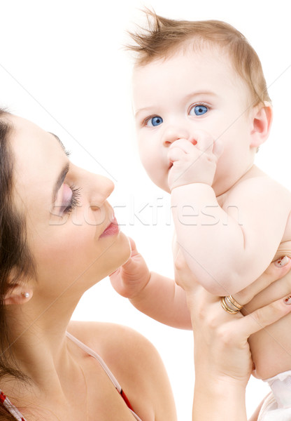 Foto stock: Bebê · mãe · mãos · quadro · feliz · branco