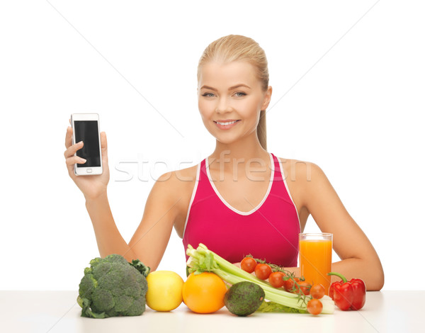Foto stock: Mulher · frutas · legumes · calorias