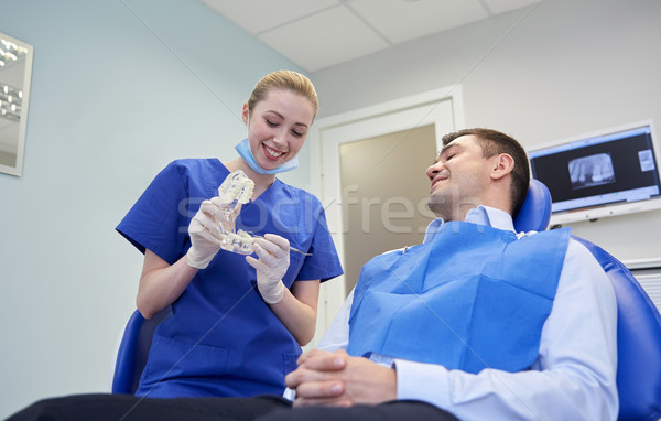 Foto stock: Feliz · dentista · mandíbula · traçado · masculino