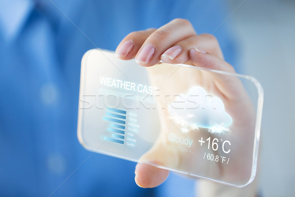close up of woman with weather cast on smartphone Stock photo © dolgachov