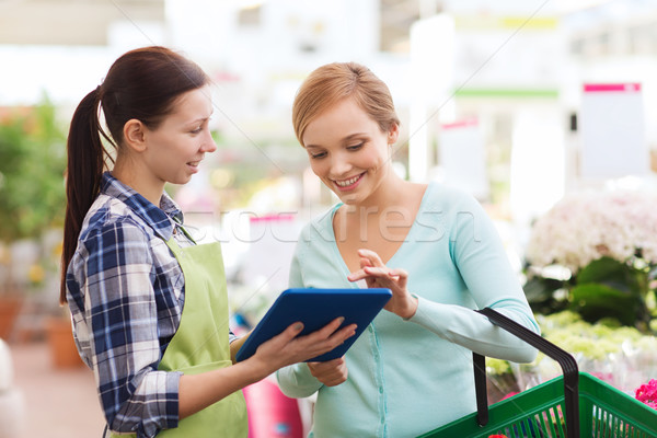 happy women with tablet pc in greenhouse Stock photo © dolgachov