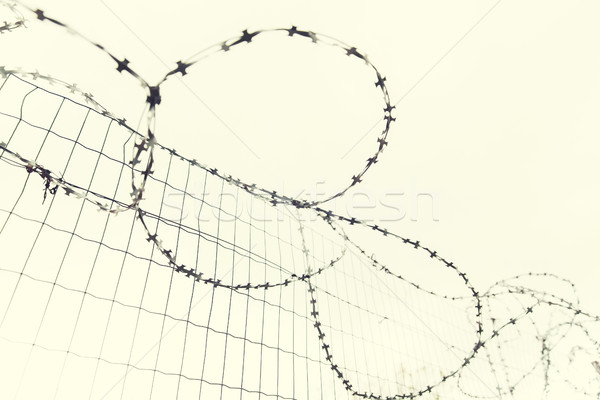 Stock photo: barb wire fence over gray sky