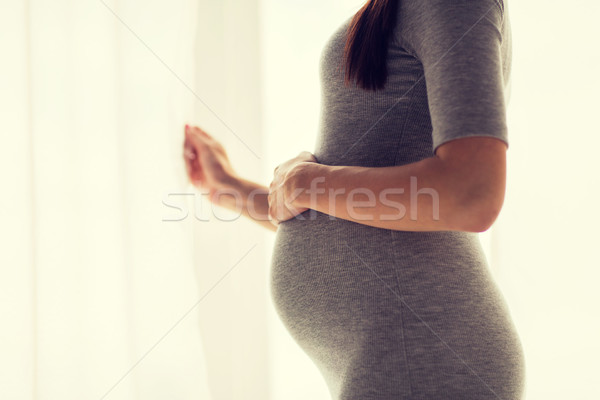 Stock photo: pregnant woman looking through window at home
