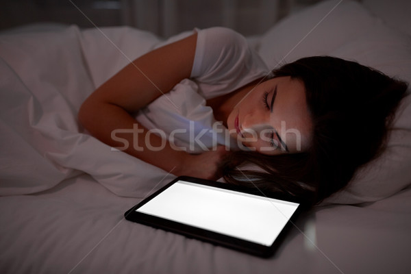 Foto stock: Mujer · dormir · cama · noche · tecnología