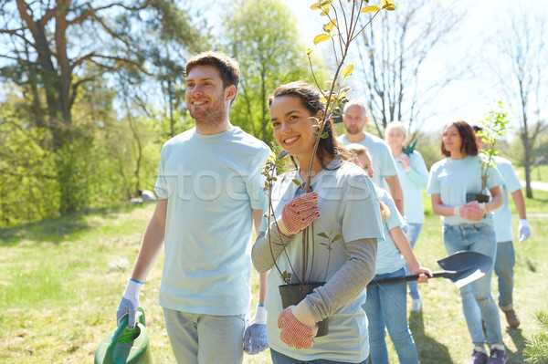 Stock photo: group of volunteers with trees and rake in park