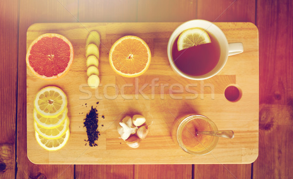 ストックフォト: 生姜 · 茶 · はちみつ · 柑橘類 · ニンニク · 木材