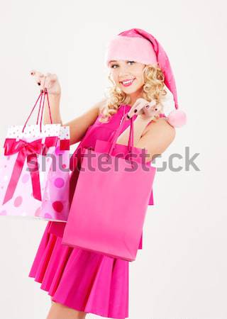 Stock fotó: Mikulás · segítő · rózsaszín · bevásárlótáskák · derűs · jókedv