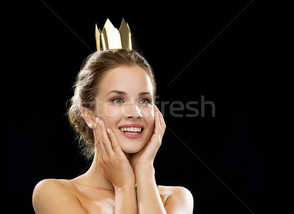 Foto stock: Risonho · mulher · dourado · coroa · pessoas