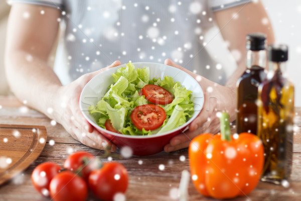 close of male hands holding bowl with salad Stock photo © dolgachov