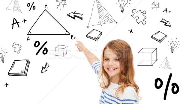 女孩 指向 三角形 虛擬 屏幕 教育 商業照片 © dolgachov