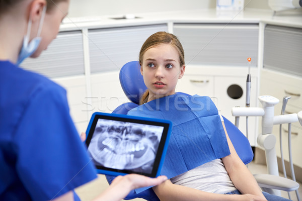 Stock photo: dentist showing x-ray on tablet pc to patient girl