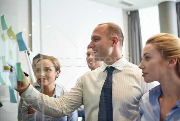 smiling business people with marker and stickers Stock photo © dolgachov