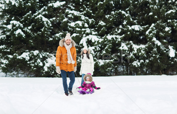 happy family with sled walking in winter forest Stock photo © dolgachov