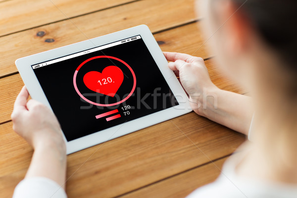 close up of woman with tablet pc on wooden table Stock photo © dolgachov