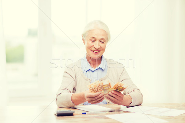 senior woman with money and papers at home Stock photo © dolgachov