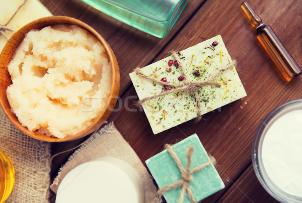 close up of body care cosmetic products on wood Stock photo © dolgachov