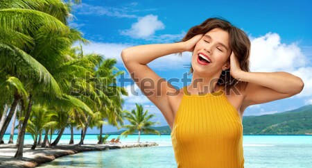 Szczęśliwy kobieta bikini strój kąpielowy palma ludzi Zdjęcia stock © dolgachov
