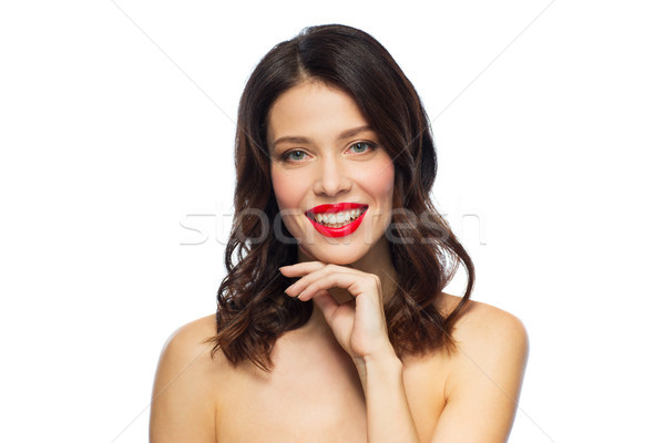 Hermosa sonriendo lápiz labial rojo belleza componen Foto stock © dolgachov