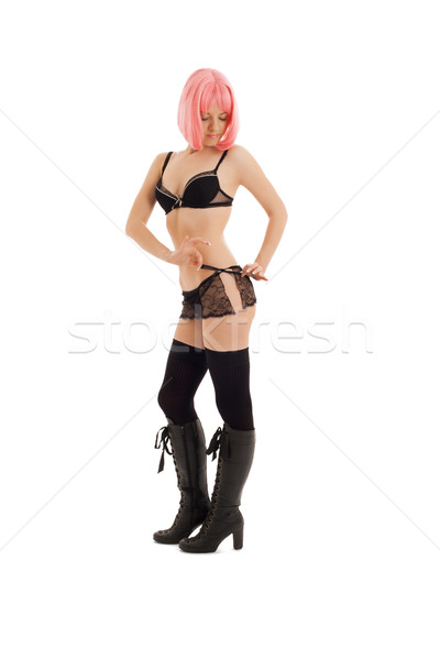 Lány fekete fehérnemű rózsaszín haj pinup kép Stock fotó © dolgachov