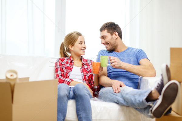 Sonriendo Pareja relajante sofá nuevo hogar movimiento Foto stock © dolgachov