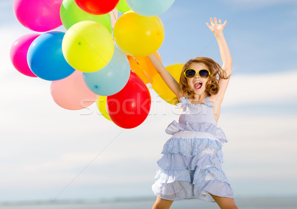 [[stock_photo]]: Heureux · sautant · fille · coloré · ballons · été